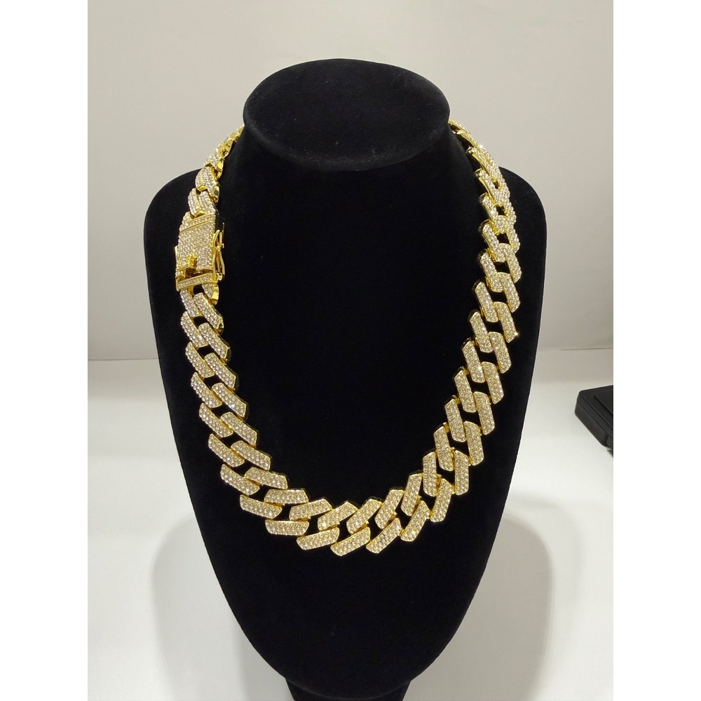 gold cuban iced out chain vvscz stones over stainless 19inch 20mm triple lock
